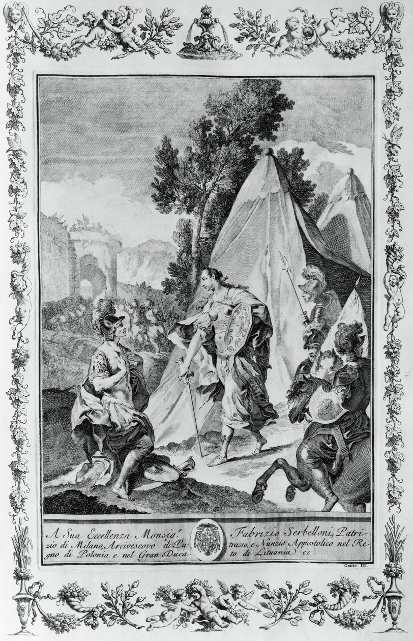 Crusaders at Siege of Jerusalem, gravering, af Giovanni Battista Piazzetta (1683-1754) for Canto III af Jerusalem leveret, af Torquato Tasso (1544-1595), udgivet af Giovanni Battista Albrizzi, Venedig, Italien af Giovanni Battista Piazzetta