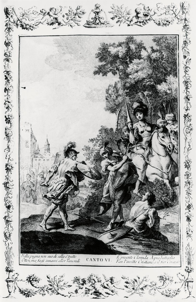 Duel mellem Ottone og Tancredi i nærværelse af Clorinda, canto VI, Jerusalem leveret af Giovanni Battista Piazzetta
