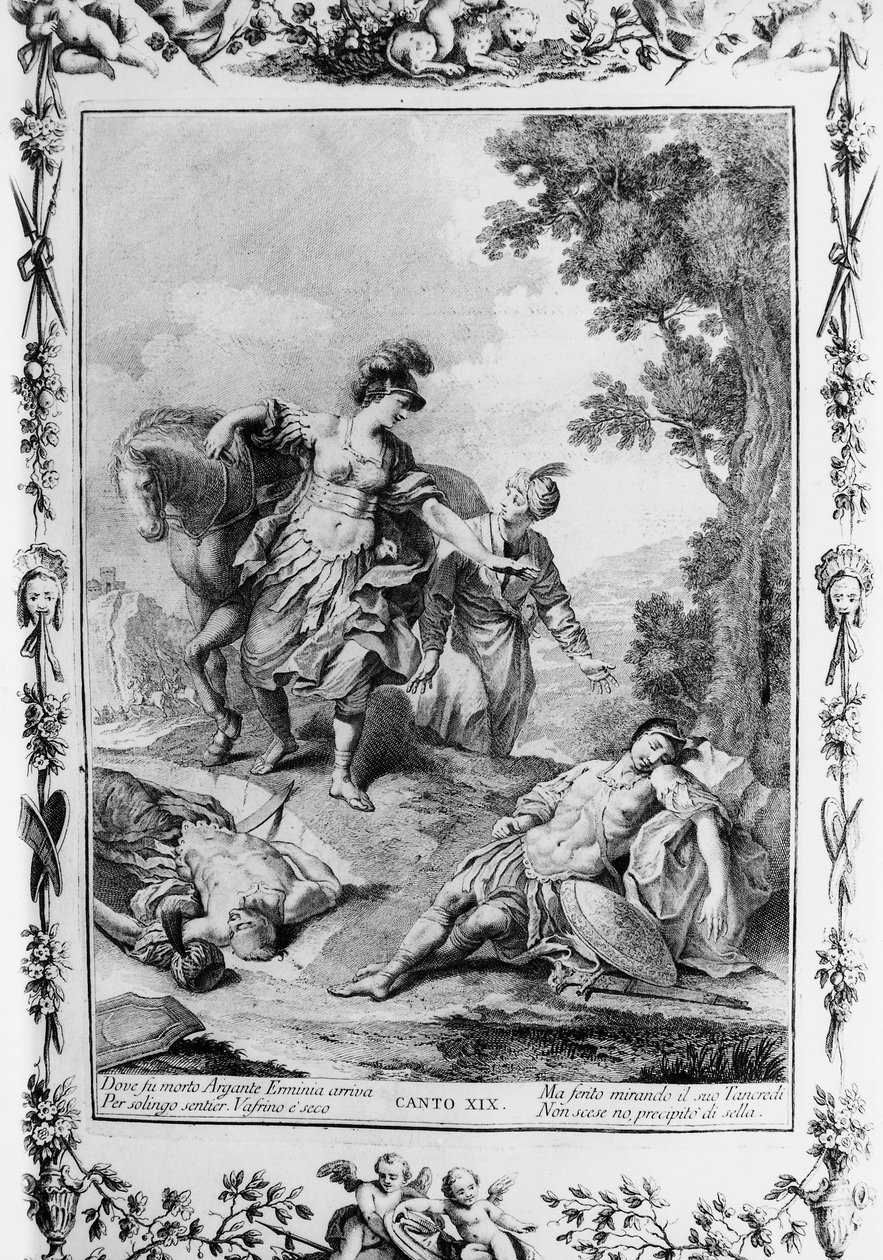 Erminia støder på sårede Tancredi, Canto XIX, Jerusalem leveret af Giovanni Battista Piazzetta