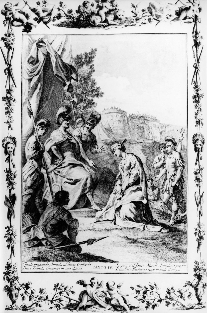 Eustathius går i forbøn til fordel for Armida hos Godfrey af Bouillon, canto IV, Jerusalem leveret af Giovanni Battista Piazzetta