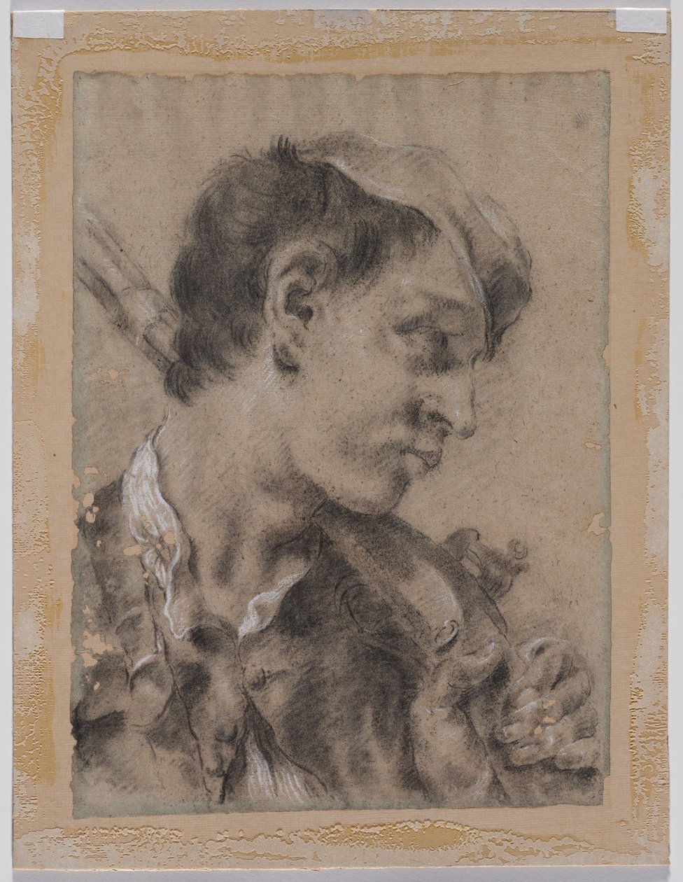 Leder af en ung mand i profil med en pistol over skulderen, ca. 173040