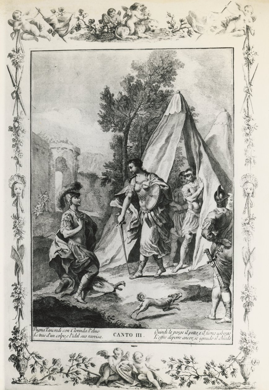 Jerusalem Delivered, canto III, illustration af Giovanni Battista Piazzetta (1683-1754) til digt af Torquato Tasso (1544-1595), udgave udgivet i Venedig i 1745, Italien af Giovanni Battista Piazzetta