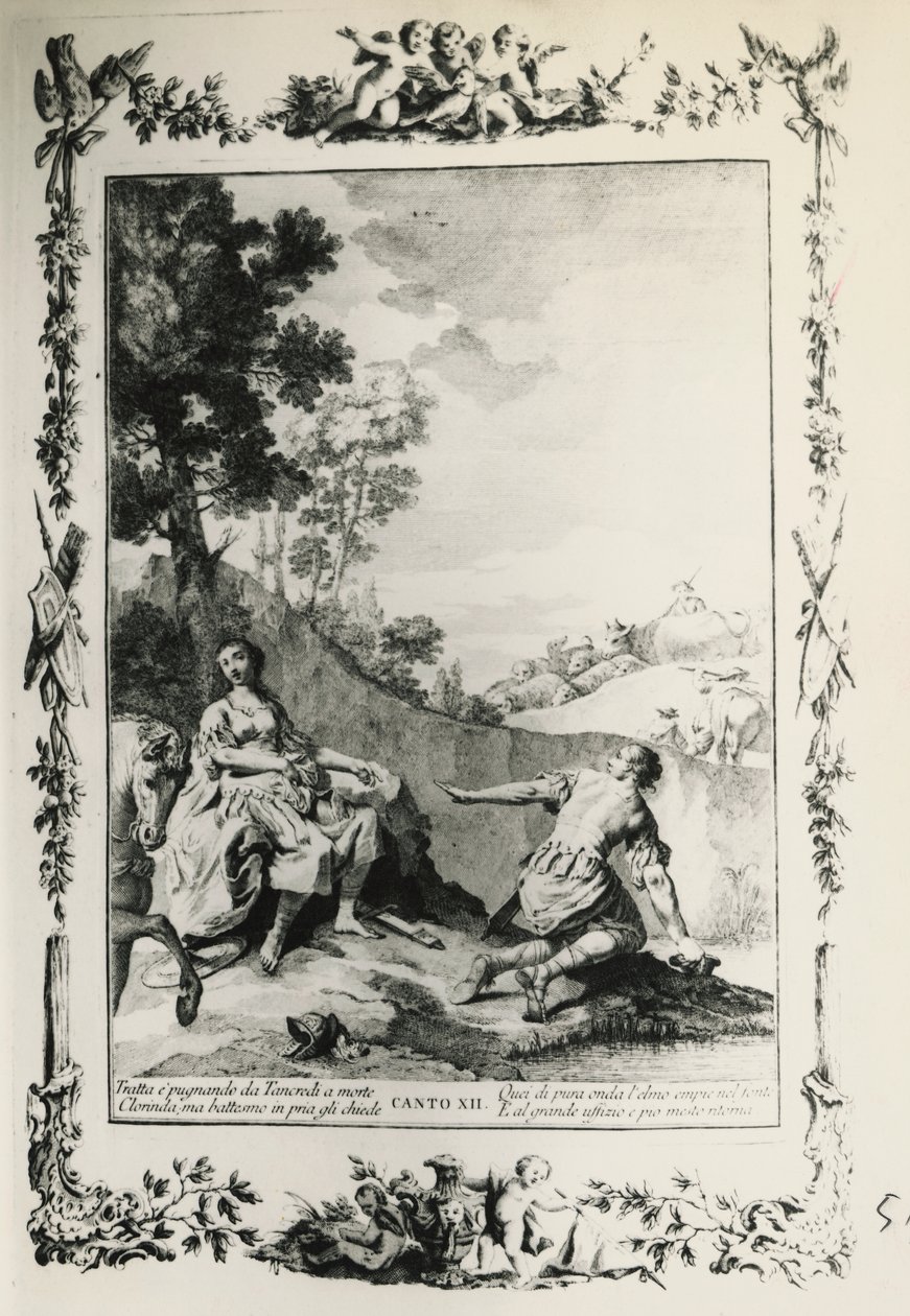 Jerusalem Delivered, canto XII, illustration af Giovanni Battista Piazzetta (1683-1754) til digt af Torquato Tasso (1544-1595), udgave udgivet i Venedig i 1745, Italien af Giovanni Battista Piazzetta