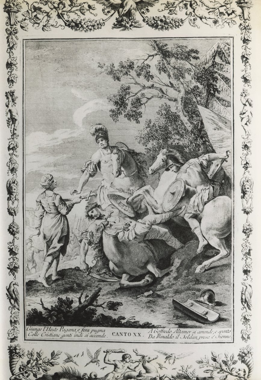 Jerusalem Delivered, canto XX, illustration af Giovanni Battista Piazzetta (1683-1754) til digt af Torquato Tasso (1544-1595), udgave udgivet i Venedig i 1745, Italien af Giovanni Battista Piazzetta
