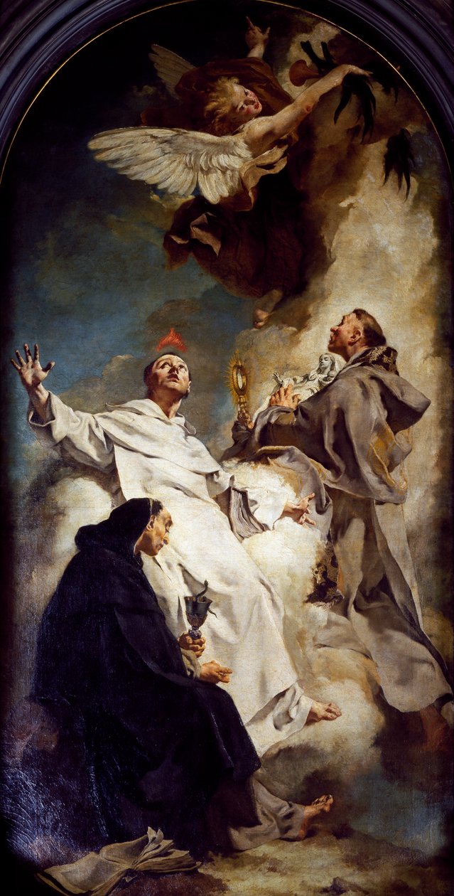 Saints Vincent, Hyacinth and Bertrand, af Giovanni Battista Piazzetta (1628-1754), Jesuittkirken eller Saint Mary of Rosenkrans, Venedig, Italien af Giovanni Battista Piazzetta