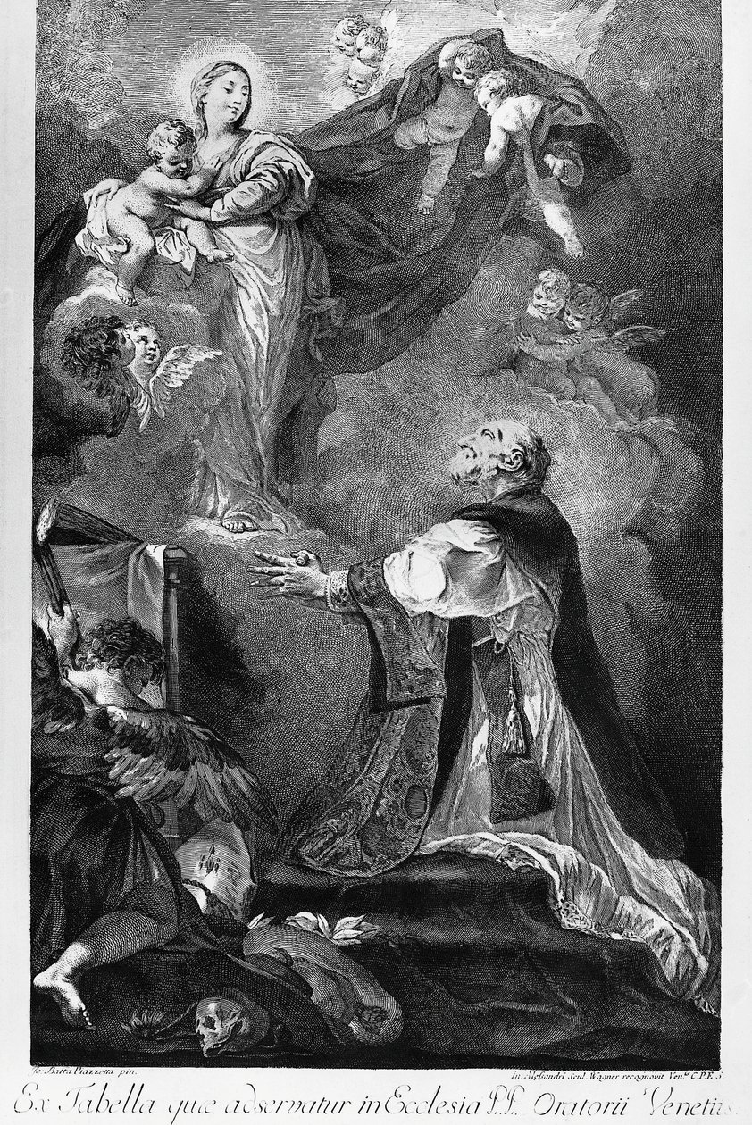 Virgin Appearing to Saint Philip Neri, af Giovanni Battista Piazzetta (1682-1754), gravering af Innocente Alessandri, Italien af Giovanni Battista Piazzetta