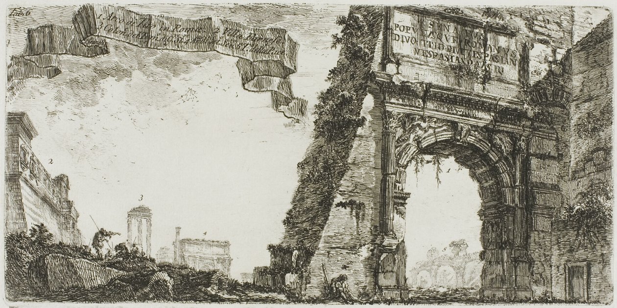 1. Titusbue. 2. Villa Farnese. 3. Søjler af Jupiters tempel Stator [støtten]. 4. Bue af Septimius Severus. 5. Fredens tempel, plade seks fra nogle udsigter over triumfbuer og andre monumenter af Giovanni Battista Piranesi