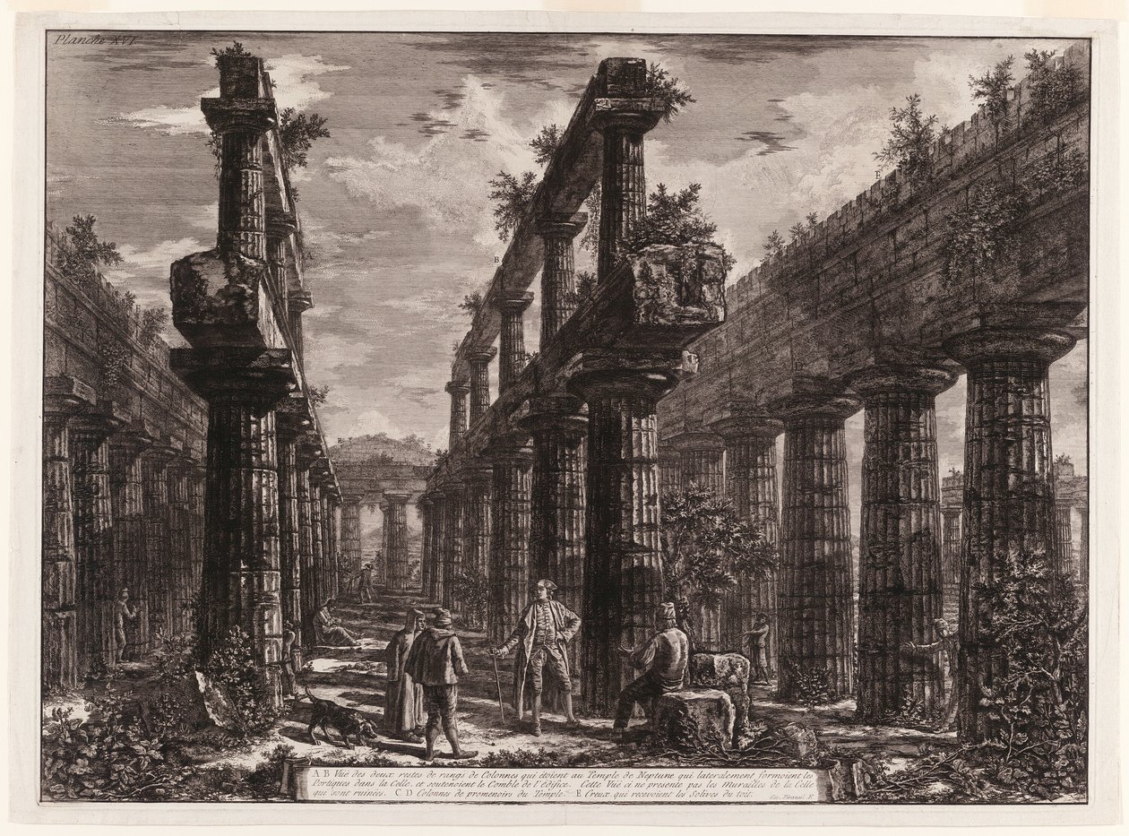 A., B. Udsigt over resterne af de to rækker søjler i Neptuntemplet, som oprindeligt dannede søjlegange langs siderne af cellaen og understøttede den øverste del af taget, fra Forskellige udsigter over Paestum af Giovanni Battista Piranesi
