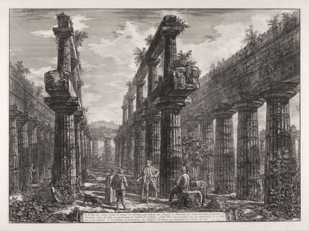 A., B. Udsigt over resterne af de to rækker søjler i Neptuns tempel, som på siderne dannede søjlegangene i cellaen og bar bygningens tag ... af Giovanni Battista Piranesi