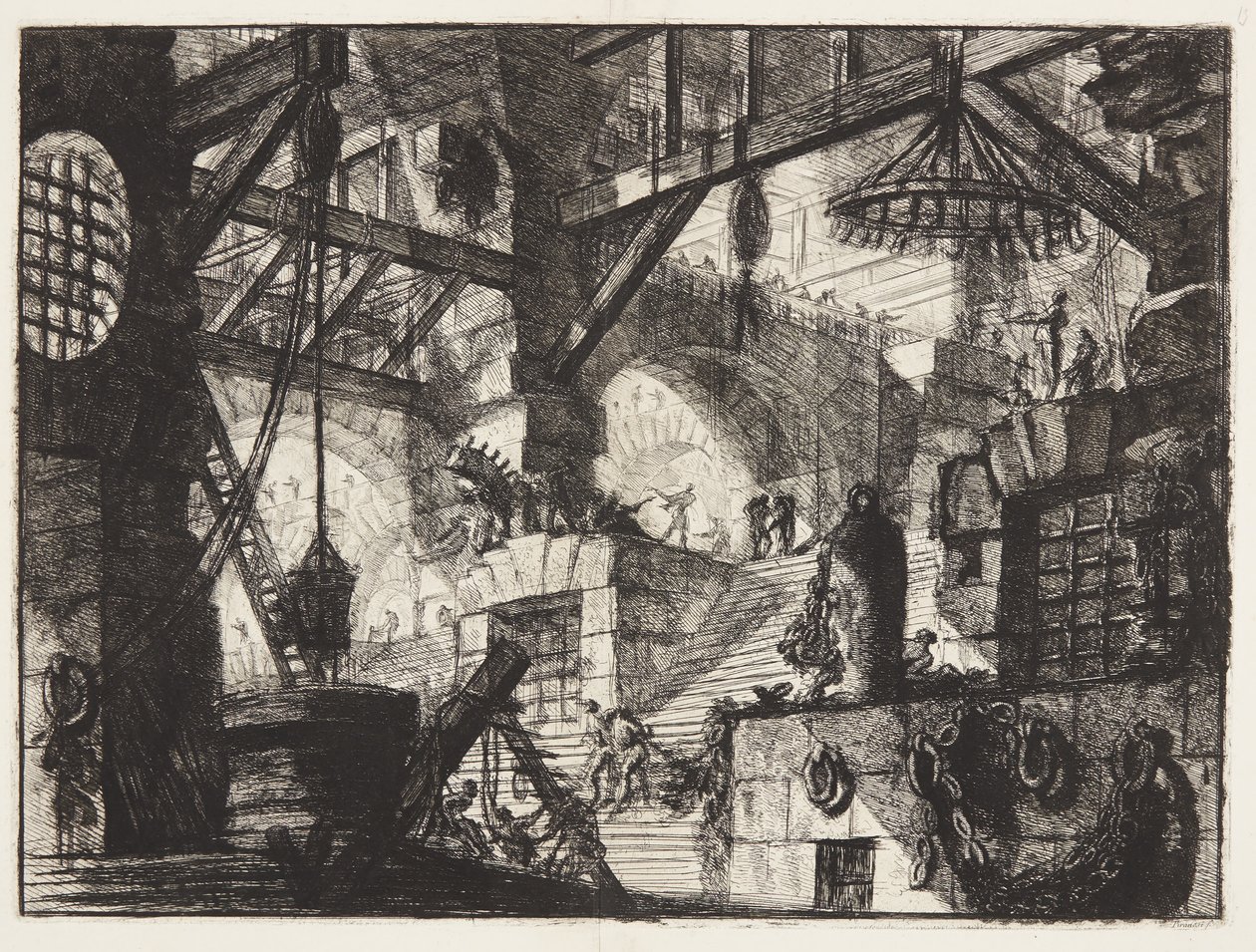 Et grillet og rustikket vindue er sat midt på en trappe med grupper af tunge kæder til riggen af Giovanni Battista Piranesi