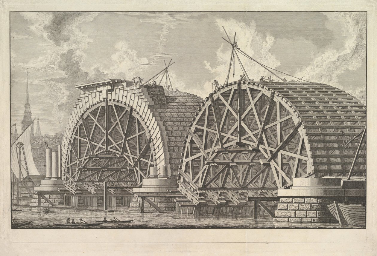 En visning af en del af den påtænkte bro ved Blackfriars, London, ca. 1764. af Giovanni Battista Piranesi