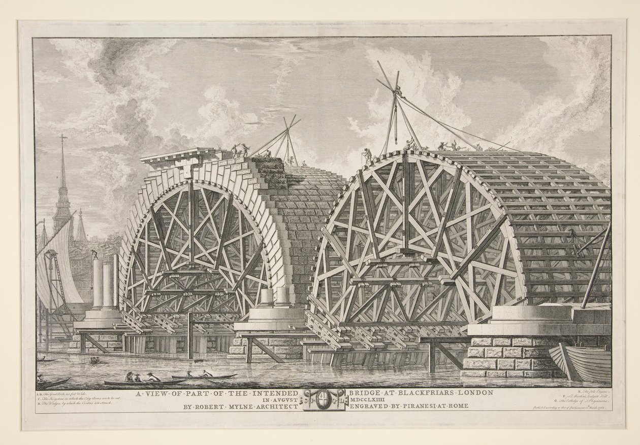 En visning af en del af den påtænkte bro ved Blackfriars, London, i august MDCCLXIII af Robert Mylne, arkitekt, indgraveret af Piranesi i Rom af Giovanni Battista Piranesi