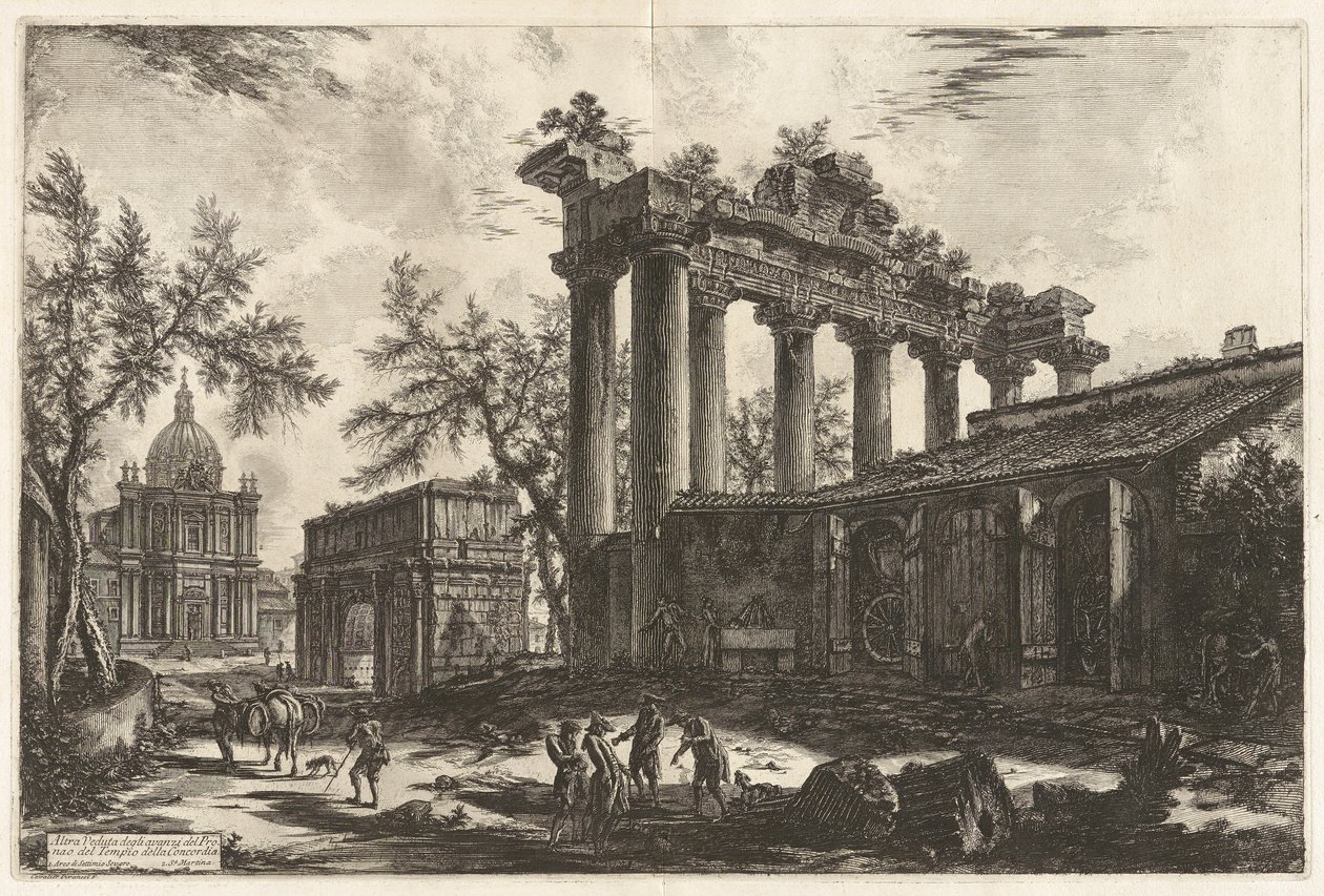 Altra Veduta degli avanzi del Pronao del Tempio del Concordia (En anden udsigt over resterne af Pronaos af Concordtemplet [Saturntemplet med Septimius Severus bue i venstre baggrund]), fra Vedute di Roma (Udsigt over Rom) af Giovanni Battista Piranesi