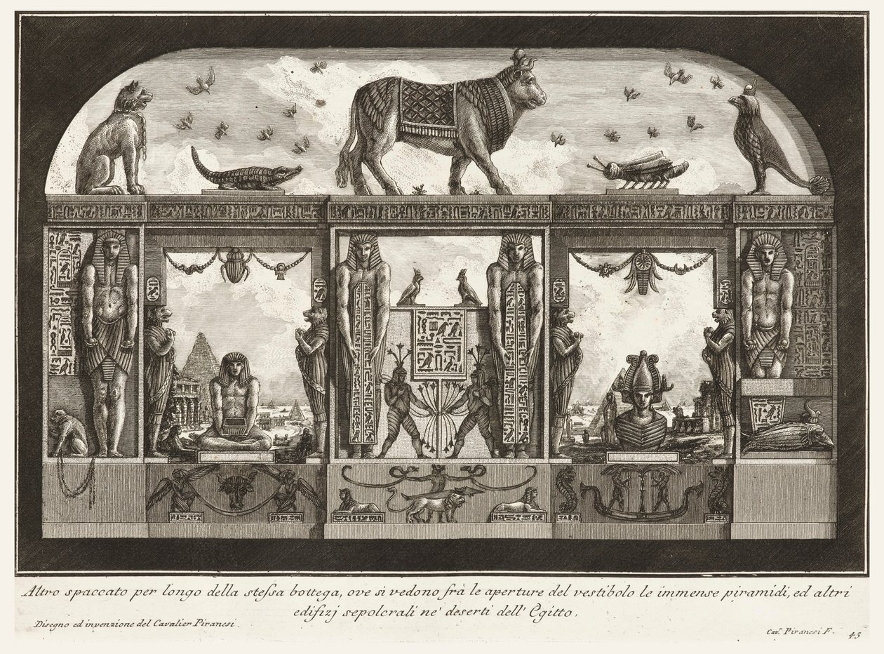 Endnu et tværsnit af samme værksted, hvor den enorme pyramide kan ses mellem åbningerne i forhallen, fra Diverse Manner of adorning the paths af Giovanni Battista Piranesi