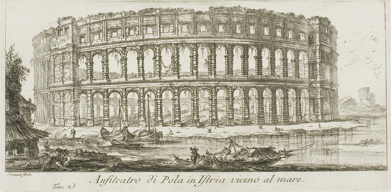 Amfiteateret i Pula i Istrien nær havet, plade 23 fra nogle udsigter over triumfbuer og andre monumenter af Giovanni Battista Piranesi