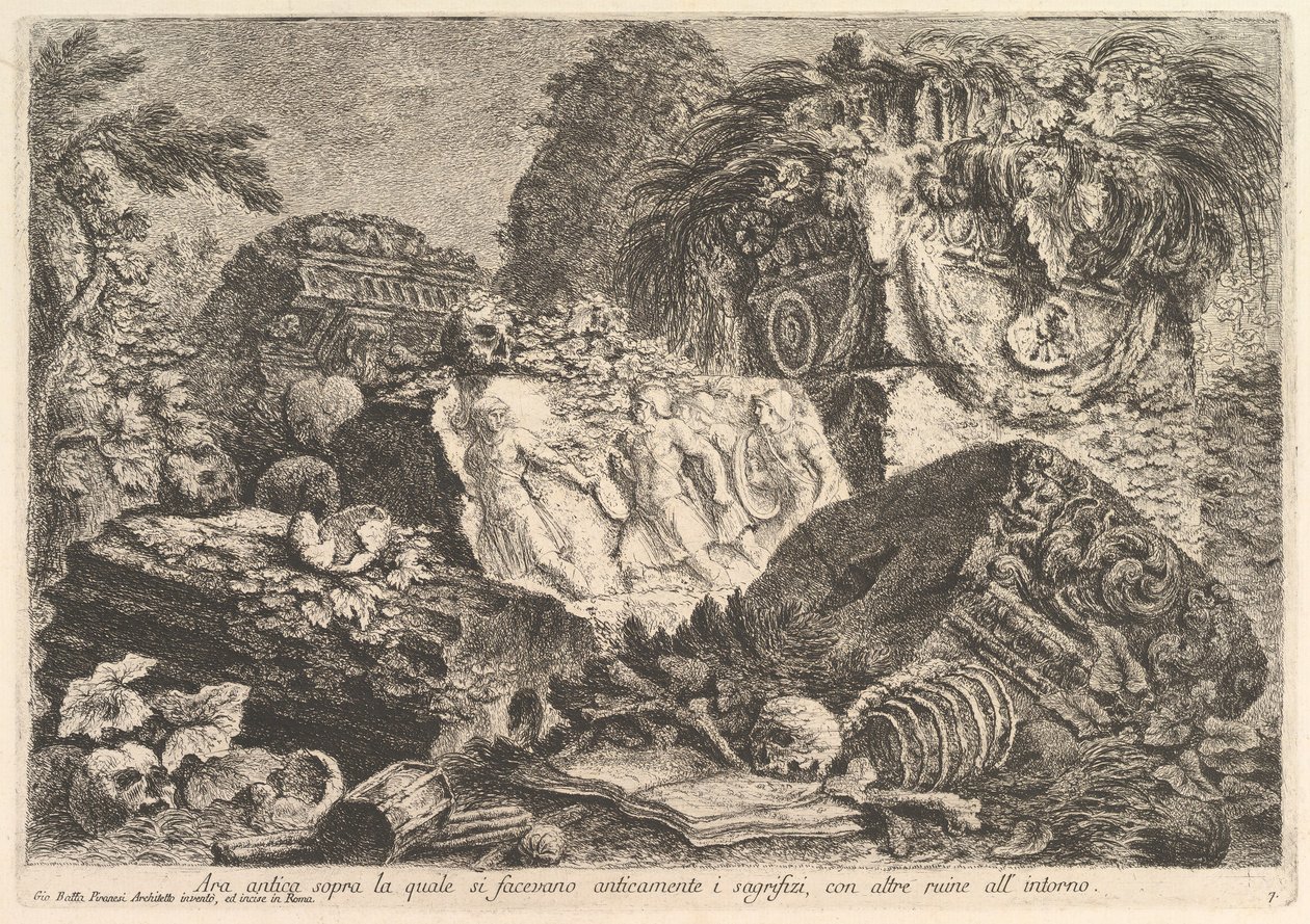 Oldtidsalter, hvorpå der blev ofret i oldtiden, omgivet af andre rui..., ca. 1750. af Giovanni Battista Piranesi