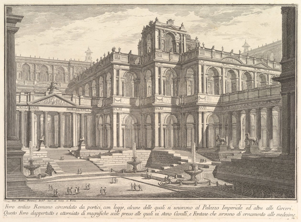 Gammelt romersk forum omgivet af portikoer med loggiaer, hvoraf nogle kommunikerer med..., ca. 1750. af Giovanni Battista Piranesi