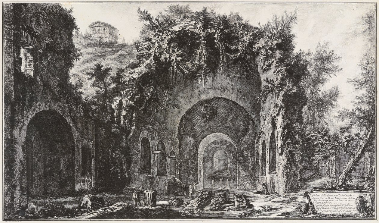 Udsigt over Egerias kilde og grotter foran Porta Capena, nu Porta di San Sebastiano af Giovanni Battista Piranesi