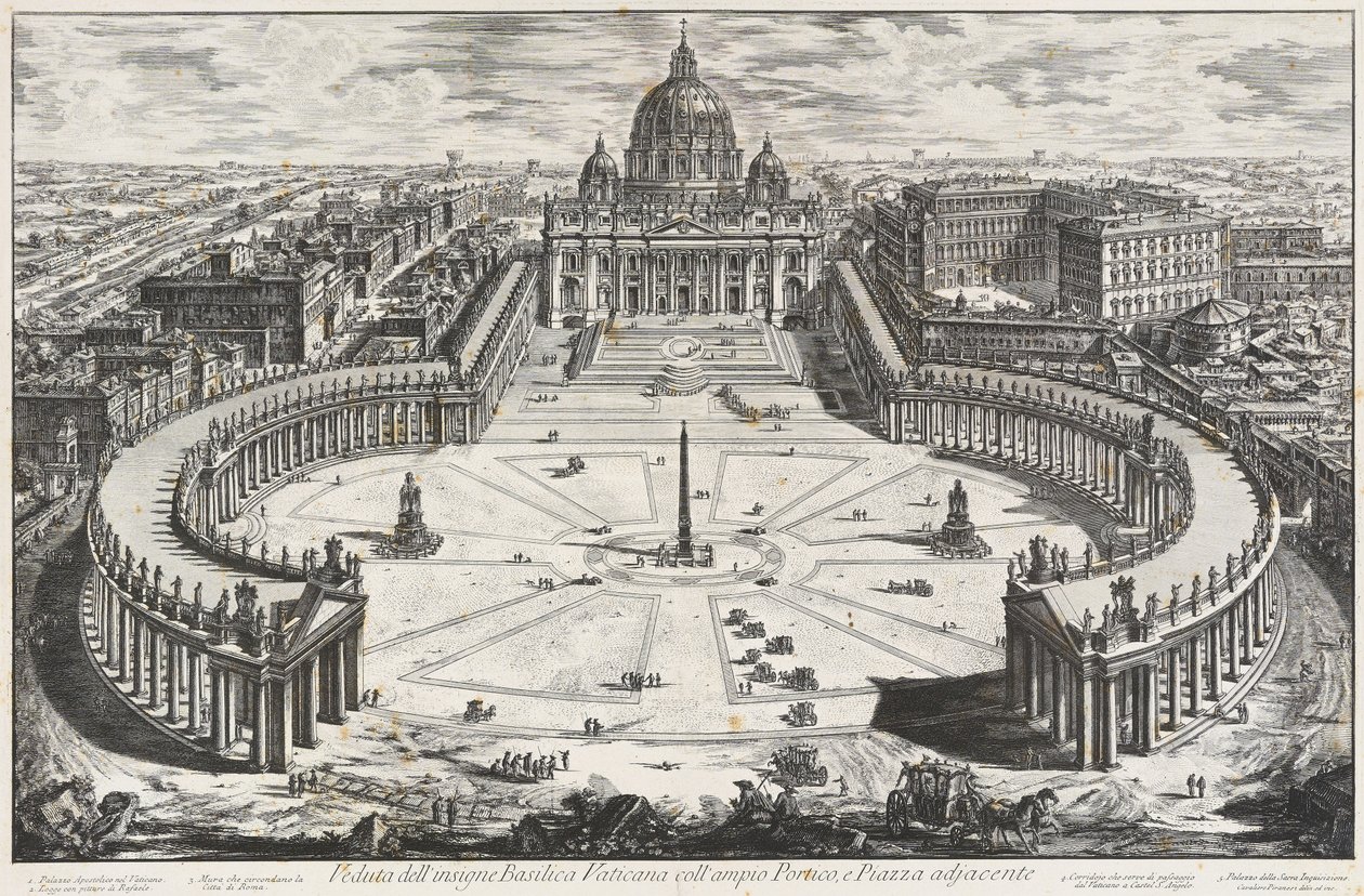 Udsigt over den berømte vatikanbasilika med bred portikus og tilstødende forplads af Giovanni Battista Piranesi