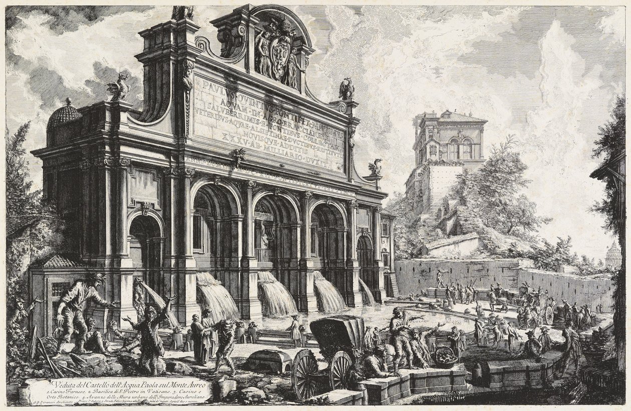 Udsigt over Castello dell’Acqua Paola på Monte Aureo (Gianicolo) af Giovanni Battista Piranesi