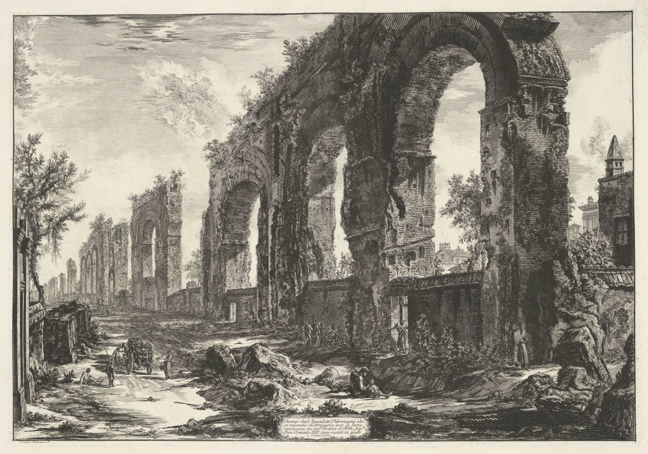 Aquaduct van Nero te Rom Rester af de neronske akvædukter, som de ønskede at ødelægge for deres alderdom (...) (titel på objekt) Gezichten op Rom (serietitel) Udsigt over Rom designet og indgraveret af Giambattista Piranesi-arkitekten Ve (nez) iano (ser) af Giovanni Battista Piranesi