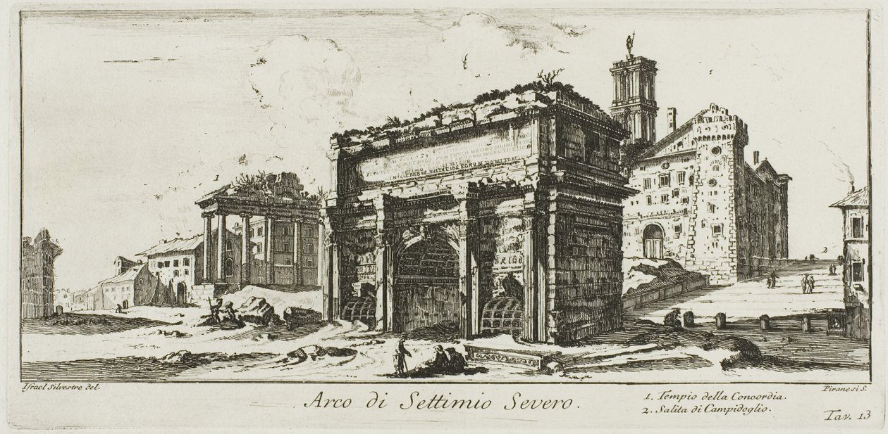 Bue af Septimius Severus. 1. Konkordentemplet. 2. Opstigning til Capitoline Hill, plade 13 fra nogle udsigter over triumfbuer og andre monumenter af Giovanni Battista Piranesi