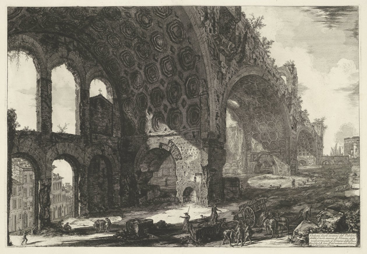 Basilica van Maxentius te Rom Udsigt over resterne af Tablino af Neros Gyldne Hus, almindeligvis kendt som Fredens Tempel (titel på objektet) Gezichten op Rom (serietitel) Udsigt over Rom designet og indgraveret af Giambattista Piranesi-arkitekten Ve af Giovanni Battista Piranesi