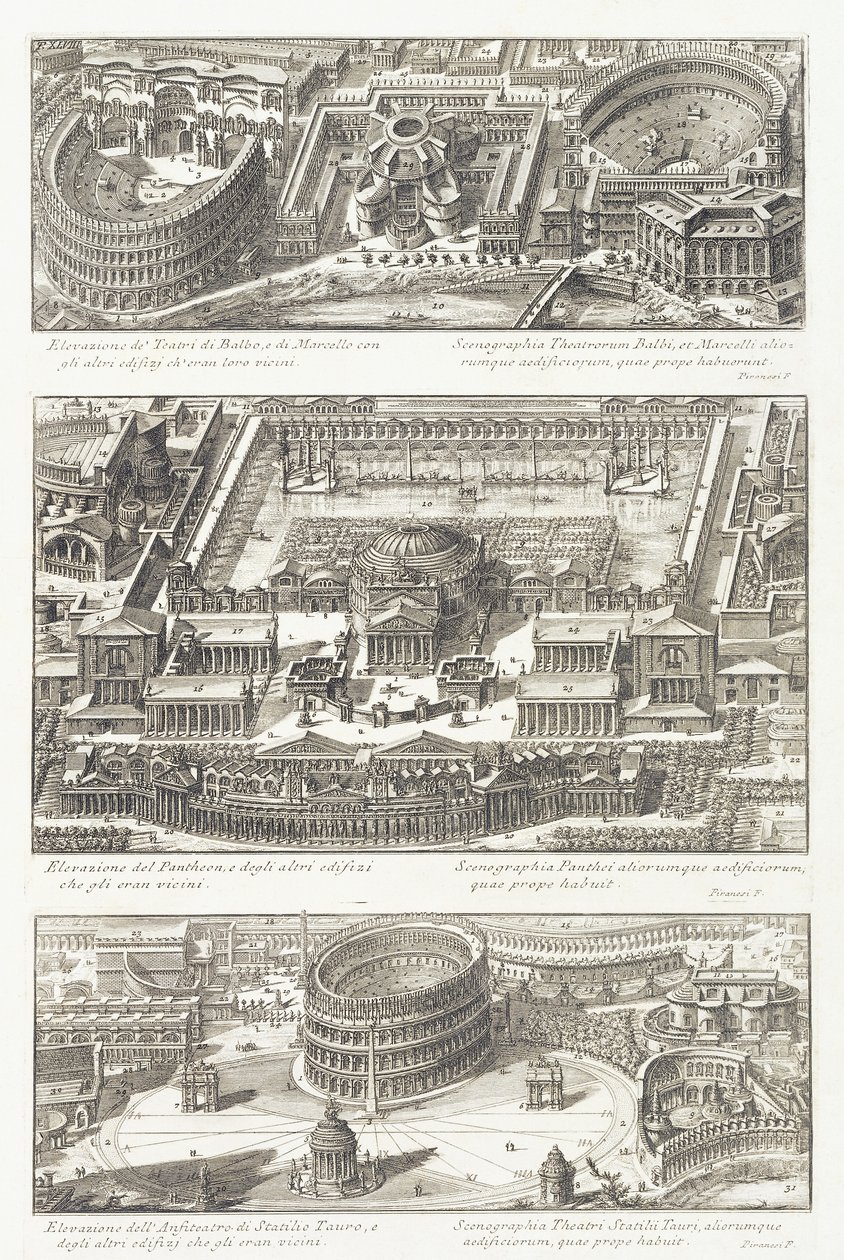 Fugleperspektiv af: Balbo- og Marcello-teatrene, Pantheon og det omkringliggende område og Statilio Tauro Amphitheatre af Giovanni Battista Piranesi