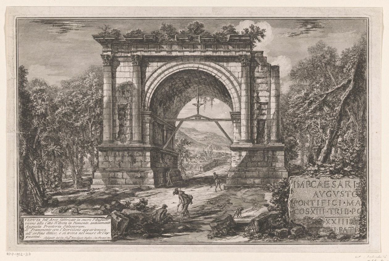 Boog van Augustus te Aosta Udsigt over buen bygget til ære for Augustus nær byen Aosta i Piemonte, tidligere Augusta Praetoria Salassorum (titel på objektet) Enhver ansigt op af en romersk opbygget triomfbogen og andre monumenter (serie af Giovanni Battista Piranesi