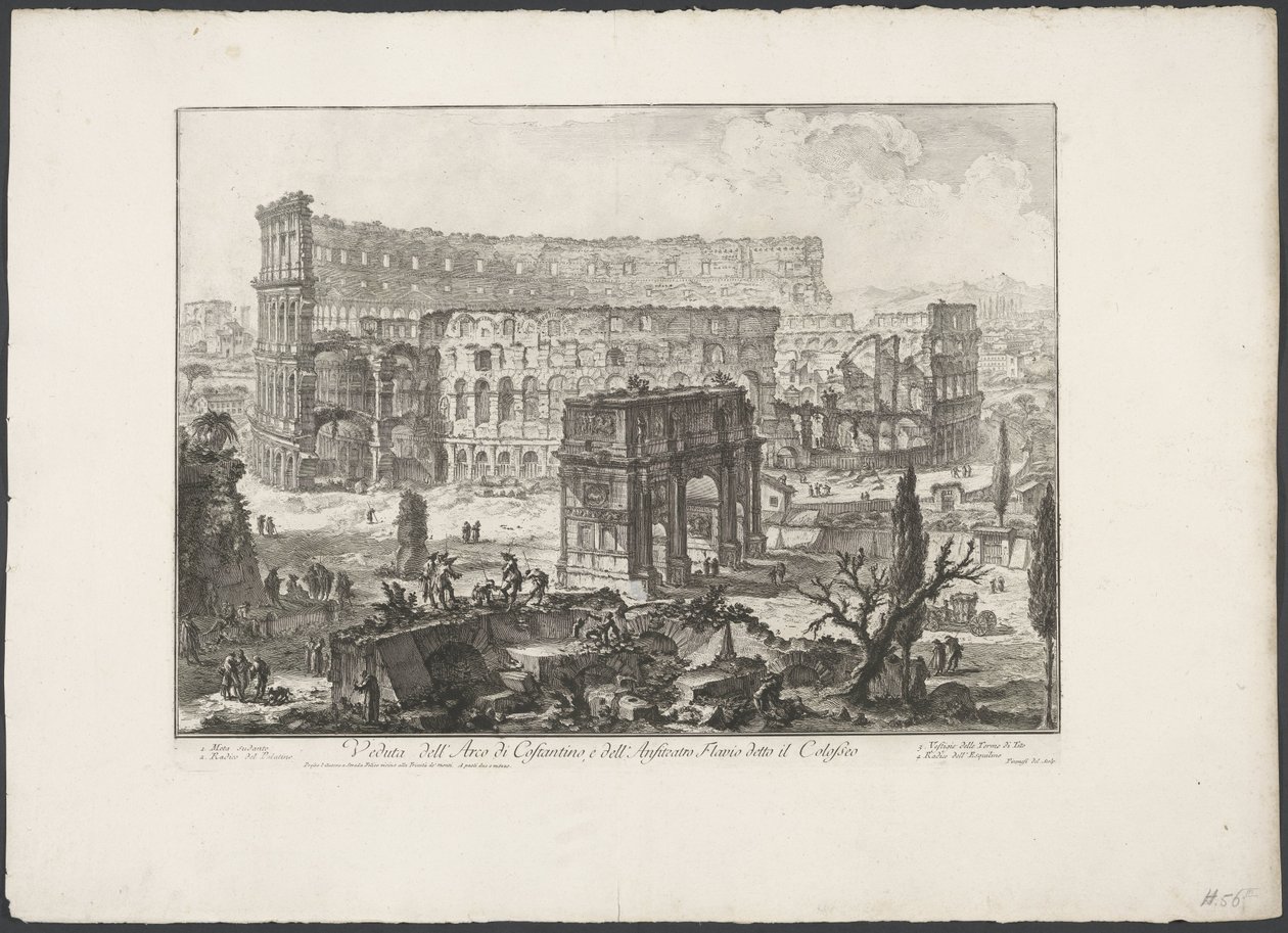 Boog van Constantijn på Colosseum i Rom Udsigt over Konstantins bue og det flaviske amfiteater kendt som Colosseum (titel på objektet) Gezichten op Rom (serietitel) Udsigt over Rom designet og indgraveret af Giambattista Piranesi-arkitekten Ve (nez) ian af Giovanni Battista Piranesi