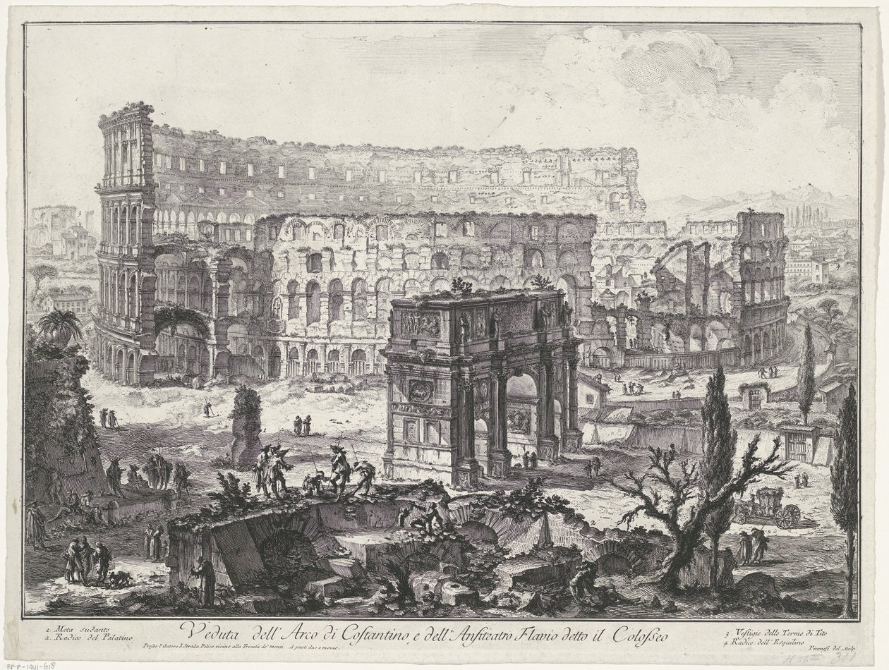 Boog van Constantijn på Colosseum i Rom Udsigt over Konstantins bue og det flaviske amfiteater kendt som Colosseum (titel på objektet) Gezichten op Rom (serietitel) Udsigt over Rom designet og indgraveret af Giambattista Piranesi-arkitekten Ve (nez) ian af Giovanni Battista Piranesi