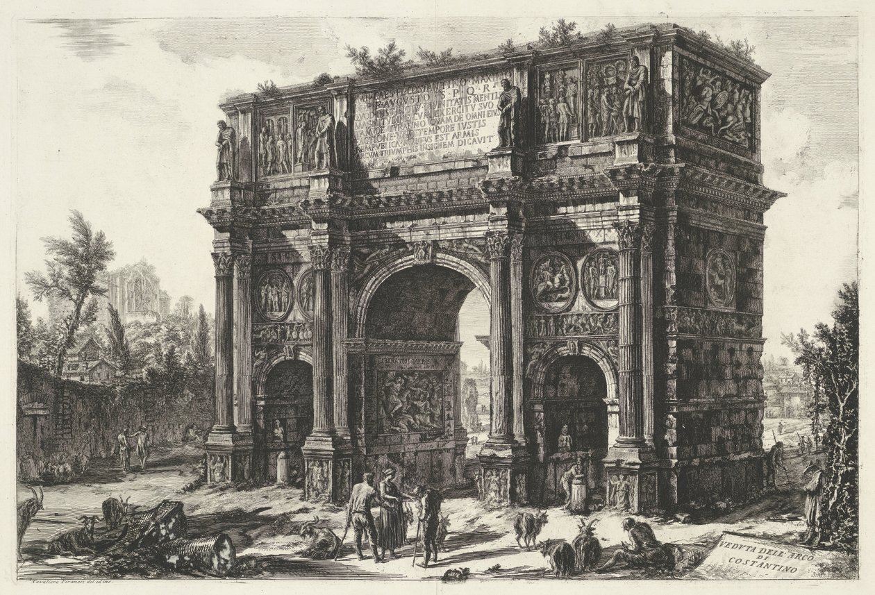 Boog van Constantijn i Rom Udsigt over Konstantins bue (titel på objekt) Gezichten op Rom (serietitel) Udsigt over Rom designet og indgraveret af Giambattista Piranesi-arkitekten Ve (nez) iano (serietitel) af Giovanni Battista Piranesi