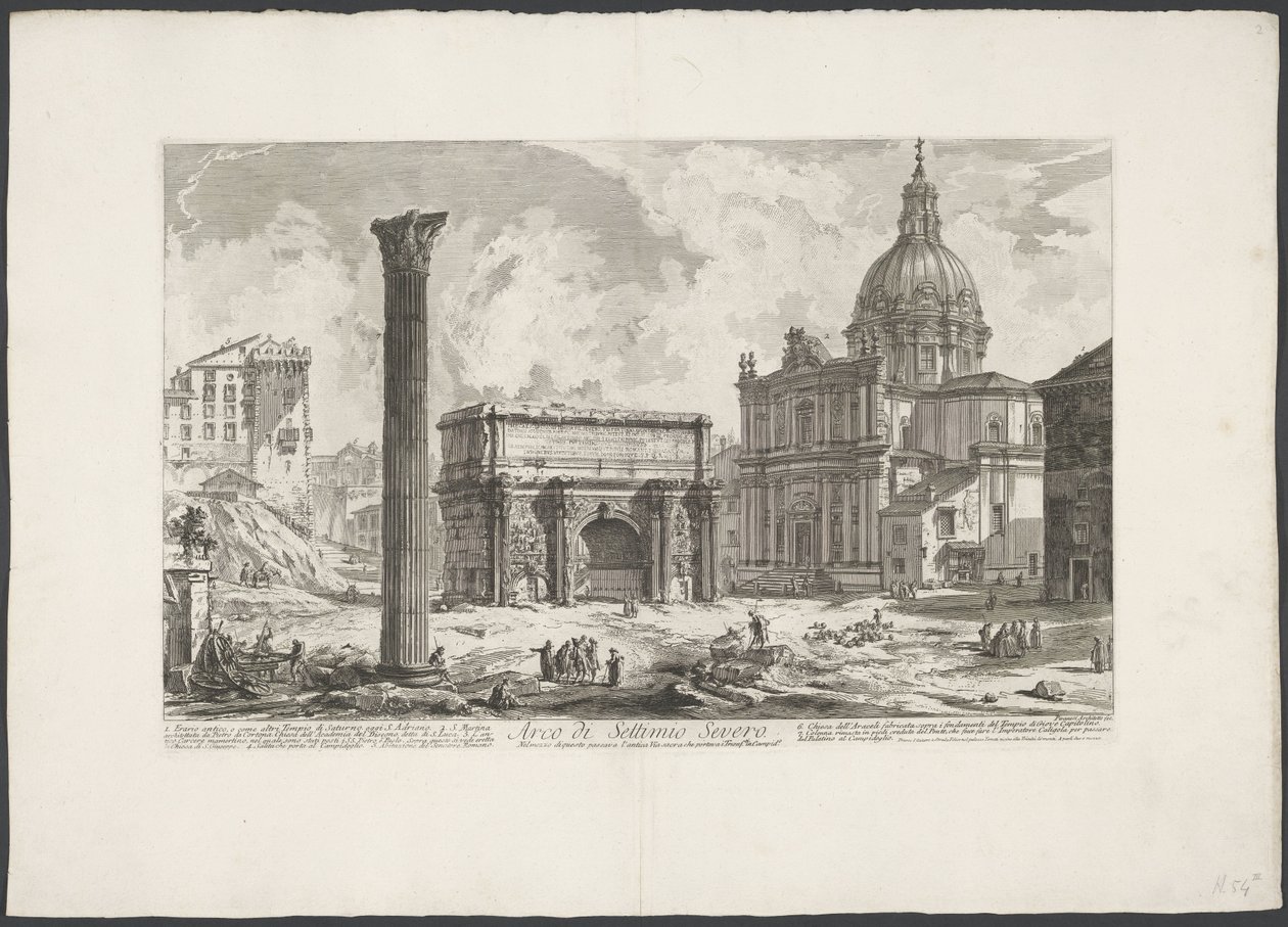 Boog van Septimius Severus på Forum Romanum Bue af Septimius Severus (...) (titel på objekt) Gezichten op Rom (serietitel) Udsigt over Rom designet og indgraveret af Giambattista Piranesi-arkitekten Ve (nez) iano (serietitel) af Giovanni Battista Piranesi