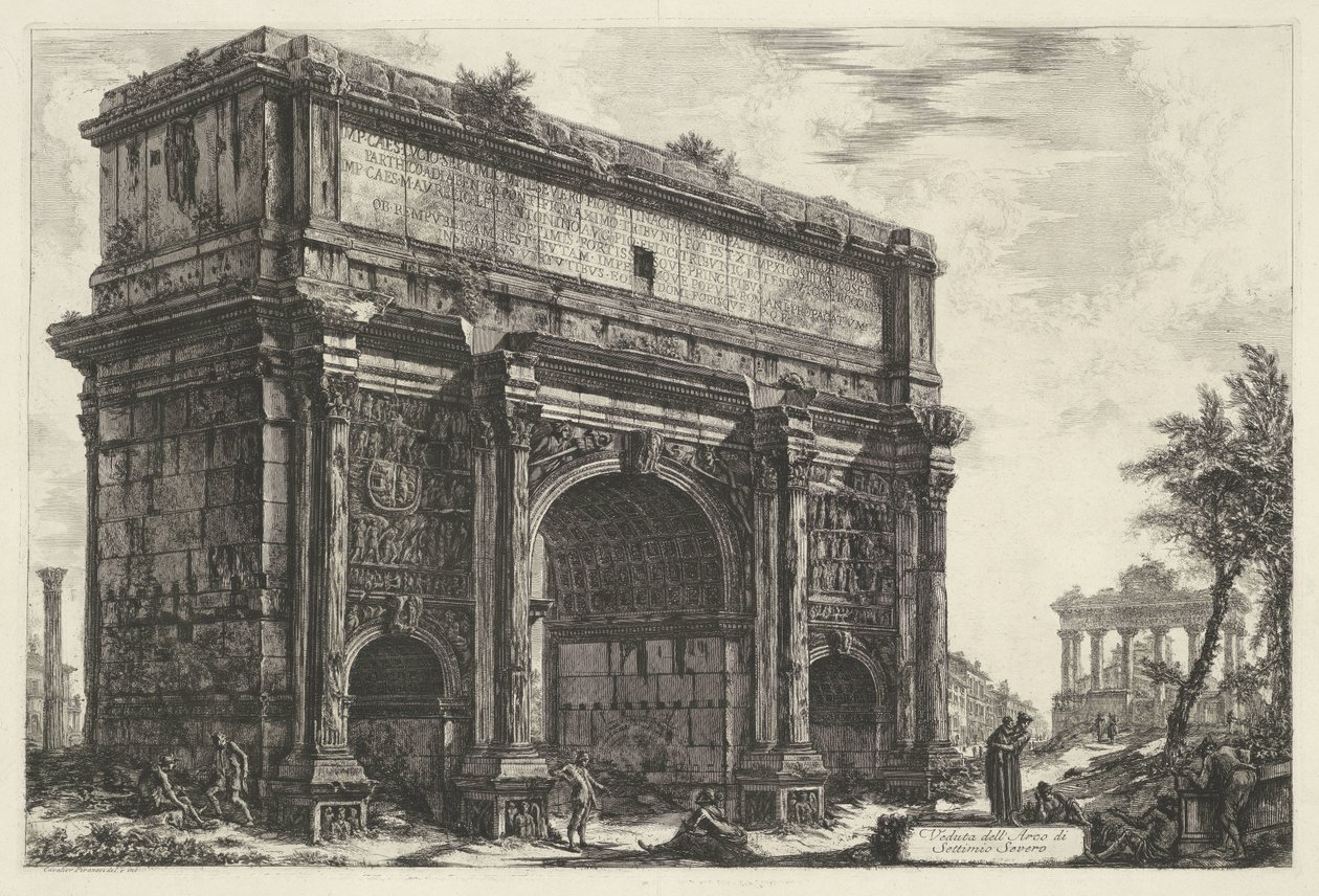 Boog van Septimius Severus te Rom Udsigt over Septimius Severus bue (titel på objekt) Gezichten op Rom (serietitel) Udsigt over Rom designet og indgraveret af Giambattista Piranesi-arkitekten Ve (nez) iano (serietitel) af Giovanni Battista Piranesi