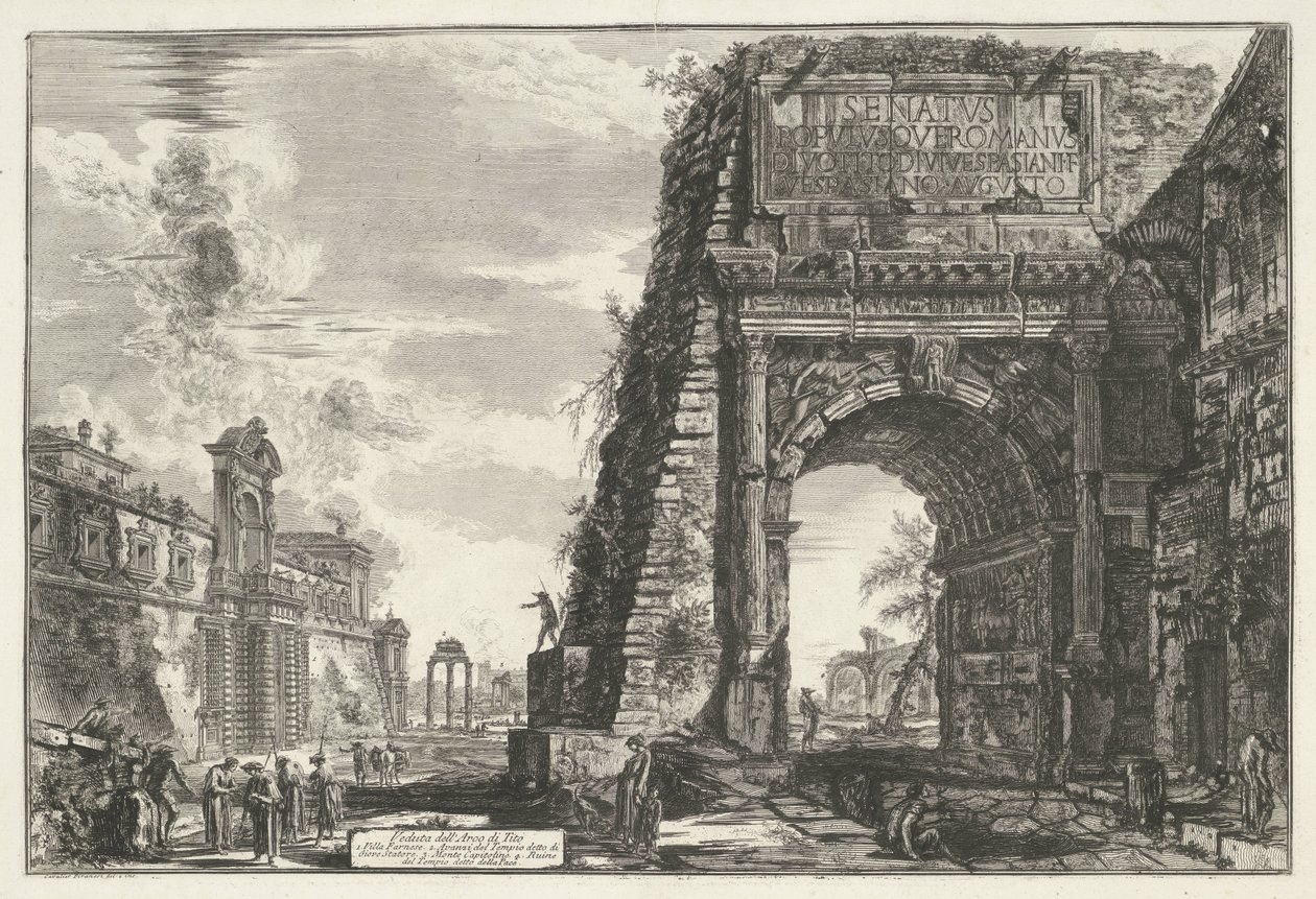 Boog van Titus i Rom Udsigt over Titusbuen (titel på objekt) Gezichten op Rom (serietitel) Udsigt over Rom designet og indgraveret af Giambattista Piranesi-arkitekten Ve (nez) iano (serietitel) af Giovanni Battista Piranesi