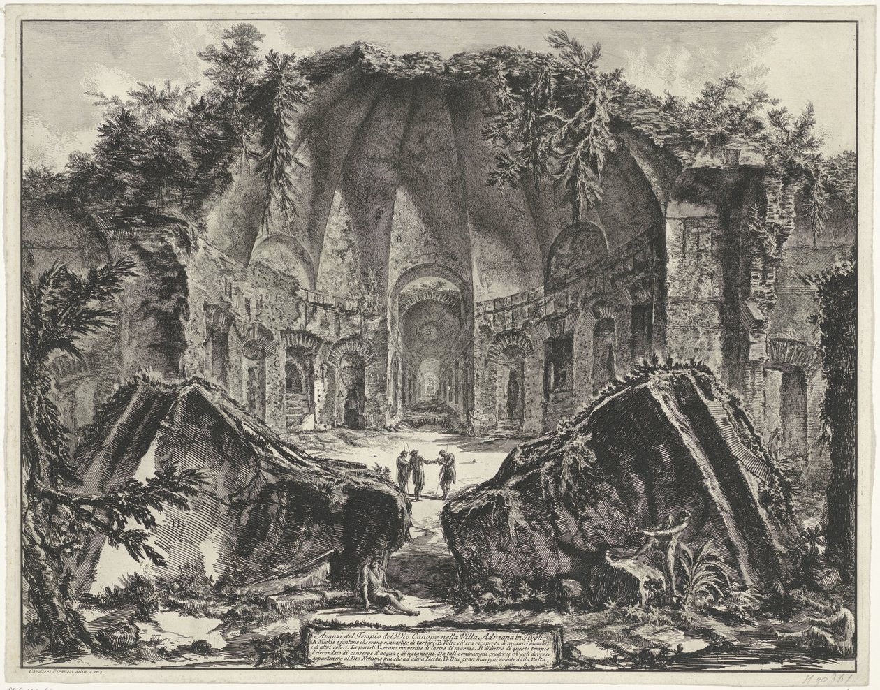 Canopus i de Villa Adriana t og Tivoli Rester af Guds tempel Canopus i Villa Adriana i Tivoli (titel på objekt) Gezichten op Rom (serietitel) Udsigt over Rom designet og indgraveret af Giambattista Piranesi-arkitekten Ve (nez) iano (serietitel) af Giovanni Battista Piranesi