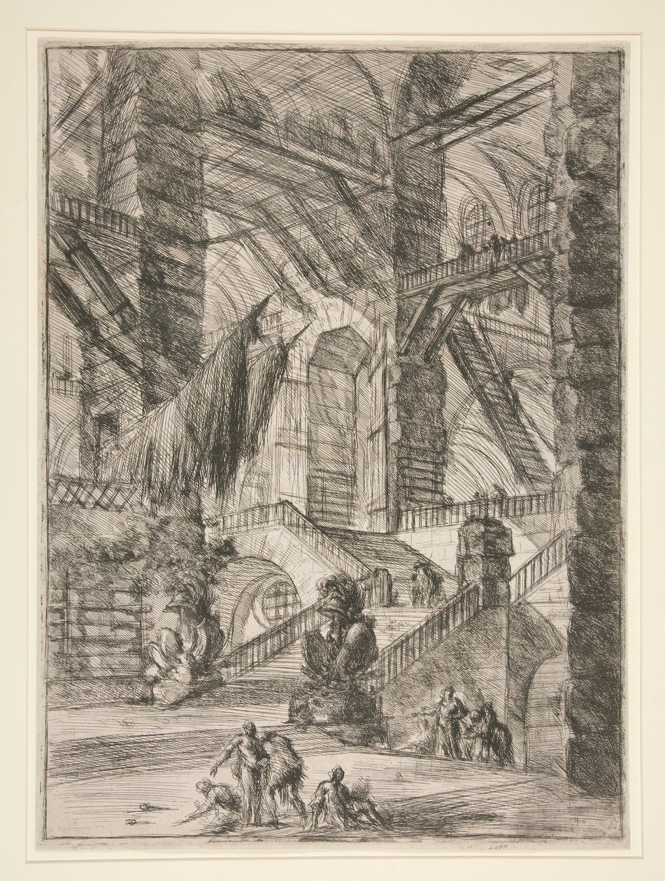 Carceri, VIII: Trappen med trofæer af Giovanni Battista Piranesi