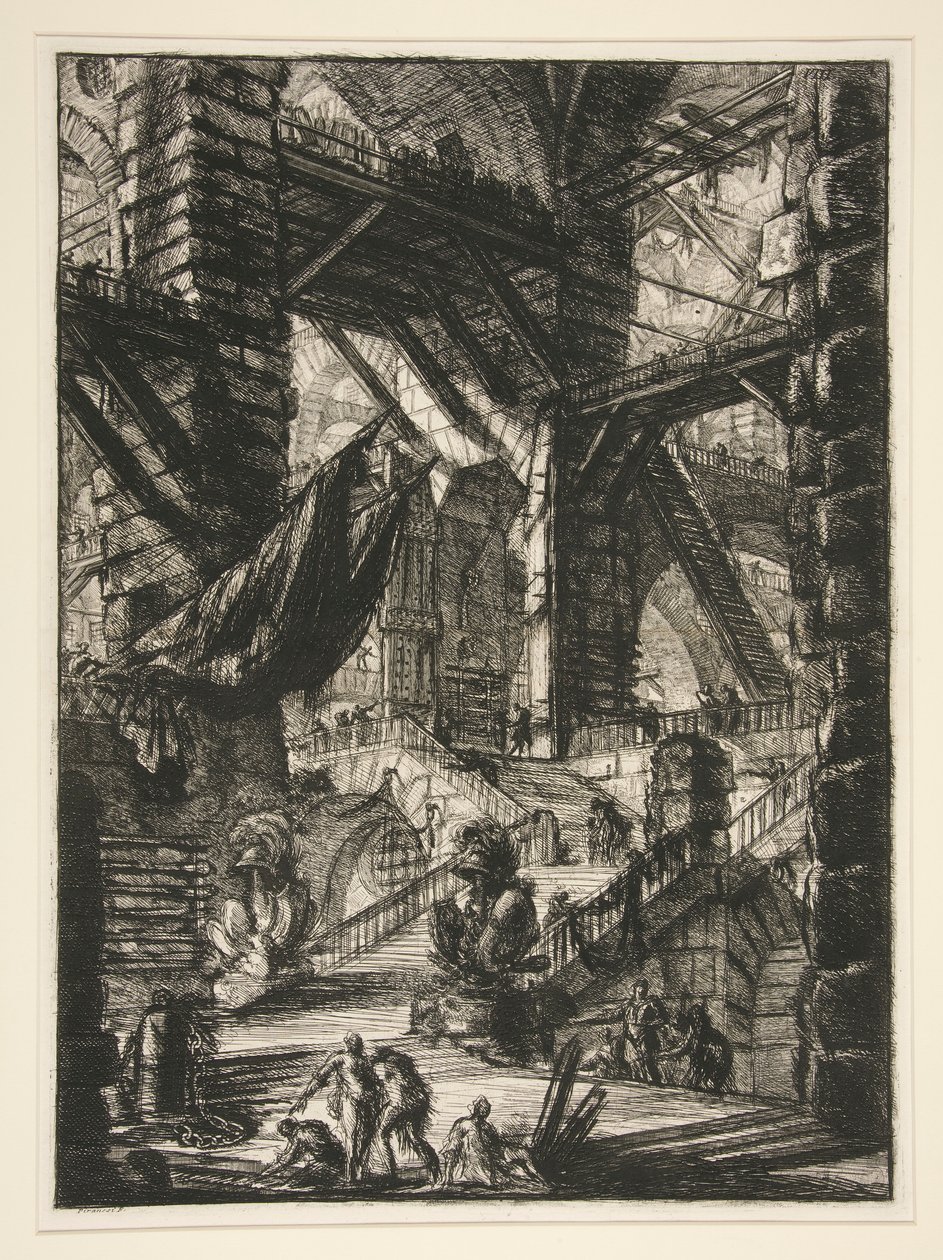 Carceri, VIII: Trappen med trofæer af Giovanni Battista Piranesi