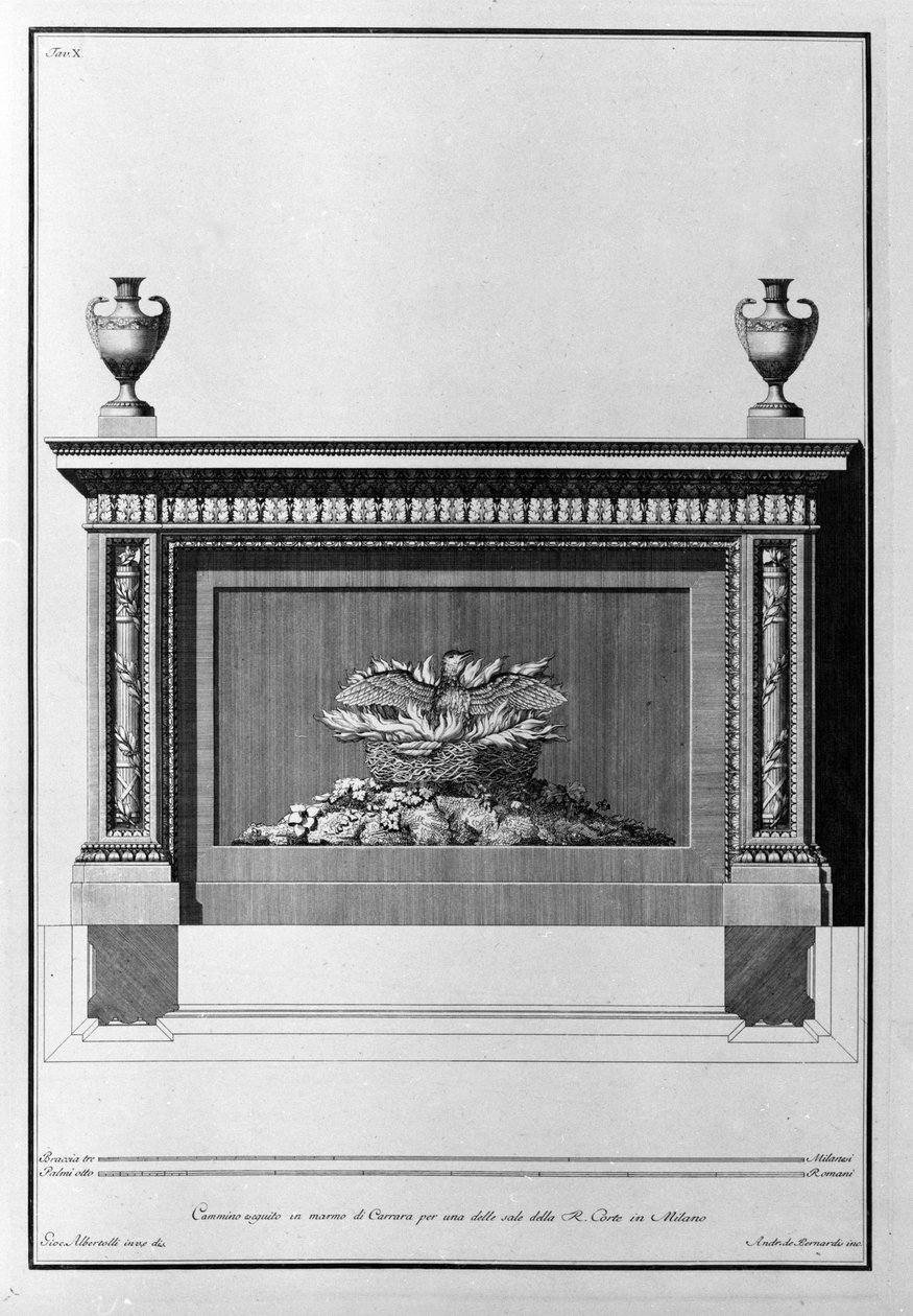 Carrara marmor pejs projekt til en milanesisk stue. Tegning af Giovanni Piranesi (kendt som Piranese) (1720-1778). af Giovanni-Battista Piranesi