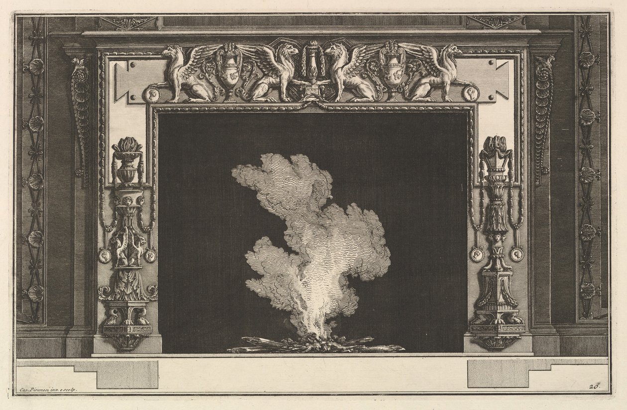 Skorstensstykke: Affronterede griffoner på overliggeren og kandelaber på karmene Ch. ledsage..., ca. 1769. af Giovanni Battista Piranesi