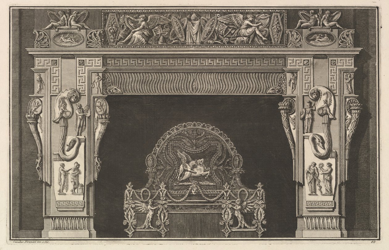 Skorstensstykke: Frise af trofæer og vingede sejre på overliggeren, med overflødighedshorn ..., ca. 1769. af Giovanni Battista Piranesi