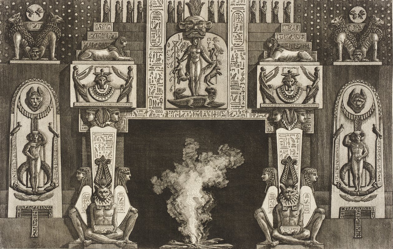Kamin i egyptisk stil: grupper af tre sammenkrøbne figurer på hver karm af Giovanni Battista Piranesi