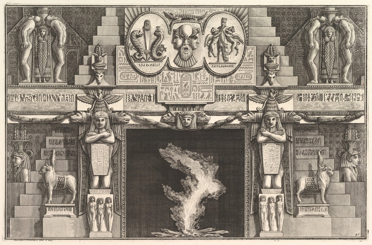 Skorstensstykke i egyptisk stil: Grupper af tre kvindelige nøgenbilleder ved bunden af hver j..., ca. 1769. af Giovanni Battista Piranesi