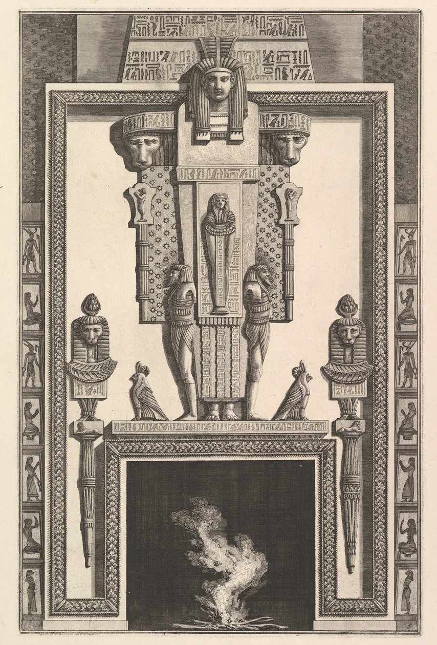 Skorstensstykke i egyptisk stil: Mumie overlejret på en stor karyatide over linte..., 1769. af Giovanni Battista Piranesi