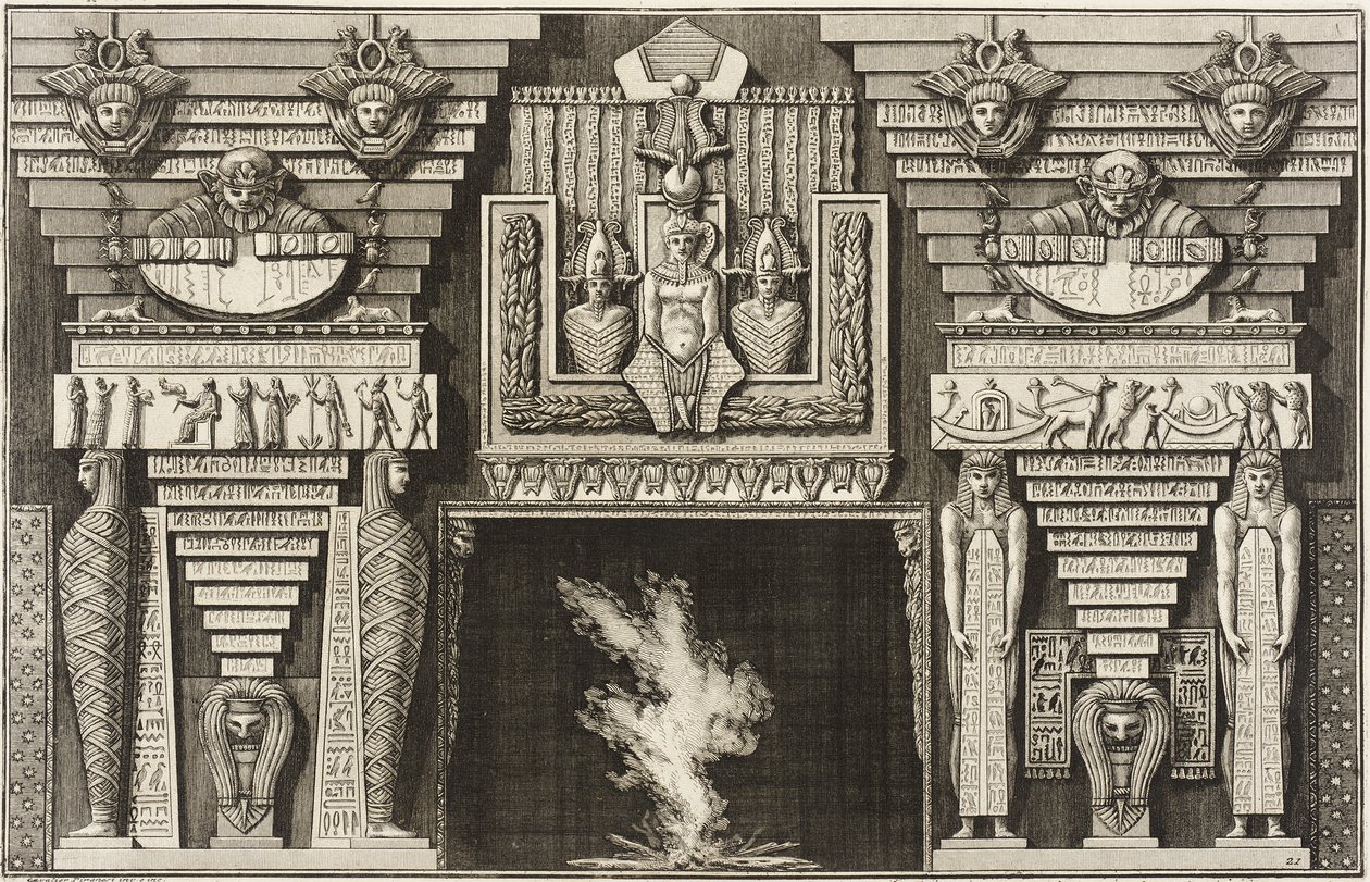 Kamin i egyptisk stil: To mumier i profil til venstre og to figurer, der bærer obelisker, til højre. af Giovanni Battista Piranesi