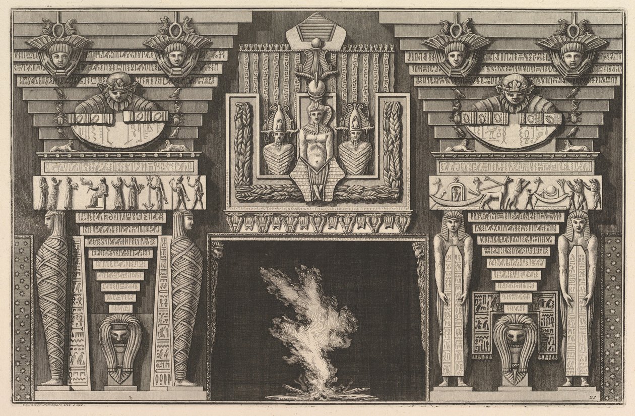 Skorstensstykke i egyptisk stil: To mumier i profil til venstre og to figurer..., ca. 1769. af Giovanni Battista Piranesi
