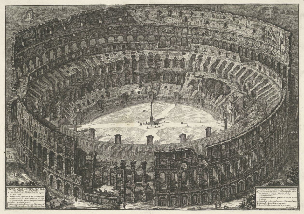 Colosseum te Rom Udsigt over det flaviske amfiteater kendt som Colosseum (titel på objektet) Gezichten op Rom (serietitel) Udsigt over Rom designet og indgraveret af Giambattista Piranesi-arkitekten Ve (nez) iano (serietitel) af Giovanni Battista Piranesi