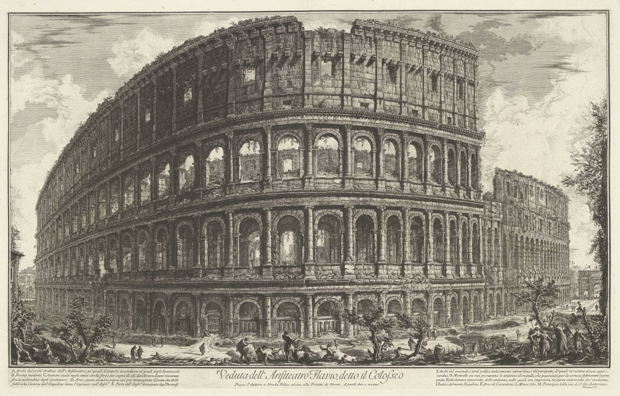 Colosseum te Rom Udsigt over det flaviske amfiteater, kendt som Colosseum (titel på objektet) Gezichten op Rom (serietitel) Udsigt over Rom designet og indgraveret af Giambattista Piranesi-arkitekten Ve (nez) iano (serietitel) af Giovanni Battista Piranesi