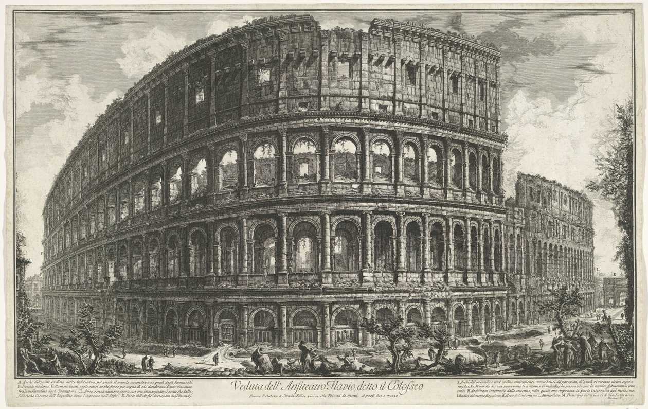 Colosseum te Rom Udsigt over det flaviske amfiteater, kendt som Colosseum (titel på objektet) Gezichten op Rom (serietitel) Udsigt over Rom designet og indgraveret af Giambattista Piranesi-arkitekten Ve (nez) iano (serietitel) af Giovanni Battista Piranesi