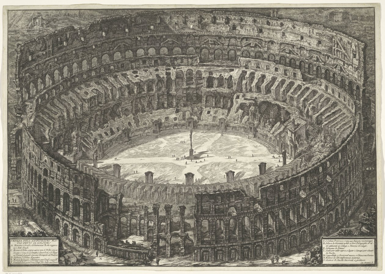 Colosseum te Rom Udsigt over det flaviske amfiteater kendt som Colosseum (titel på objektet) Gezichten op Rom (serietitel) Udsigt over Rom designet og indgraveret af Giambattista Piranesi-arkitekten Ve (nez) iano (serietitel) af Giovanni Battista Piranesi